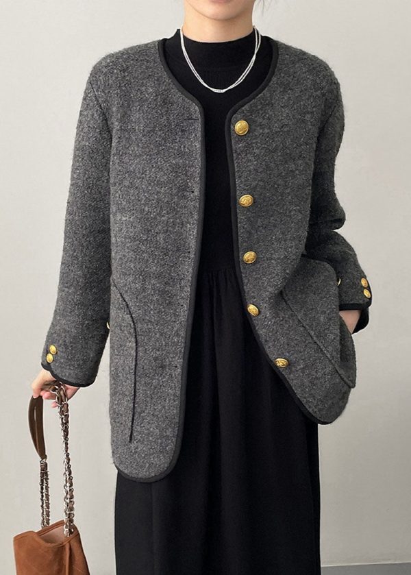 Grey O-Neck Button Woolen Jackets Spring Supply