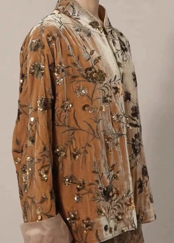Chinese Style Brown Embroidered Sequins Silk Velour Coat Spring Discount - Image 2