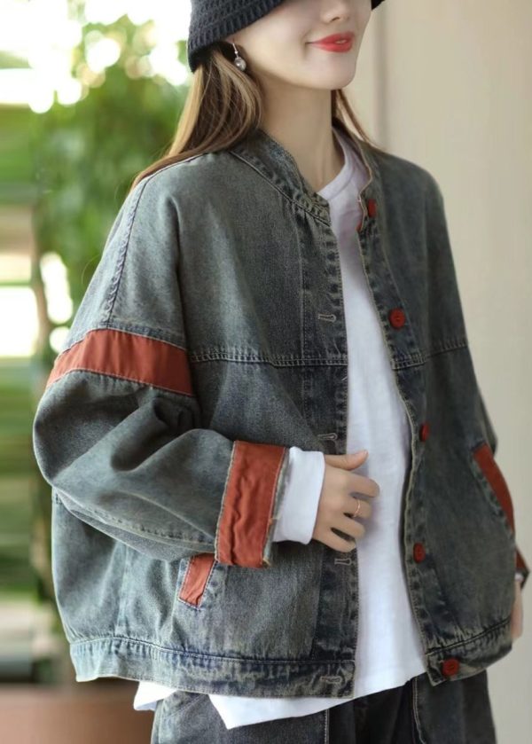 Casual Blue Oversized Patchwork Denim Jacket Spring Online now
