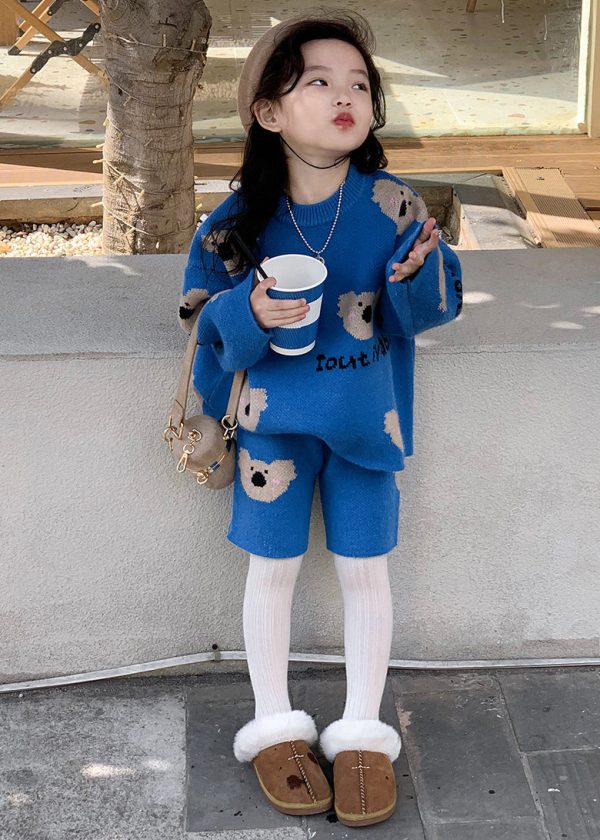 Art Blue Print Cotton Knit Girls Sweatshirt And Shorts Two Pieces Set Winter For Discount