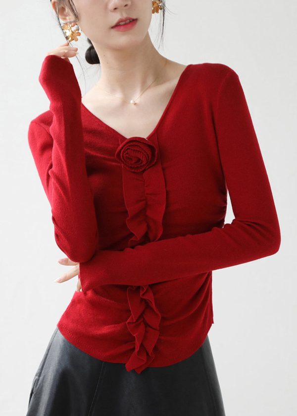 Fitted Red V Neck Ruffled Floral Knit Top Spring For Discount - Image 5