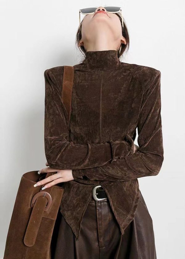 Style Brown Stand Collar Side Open Velour Tops Spring Online now - Image 4
