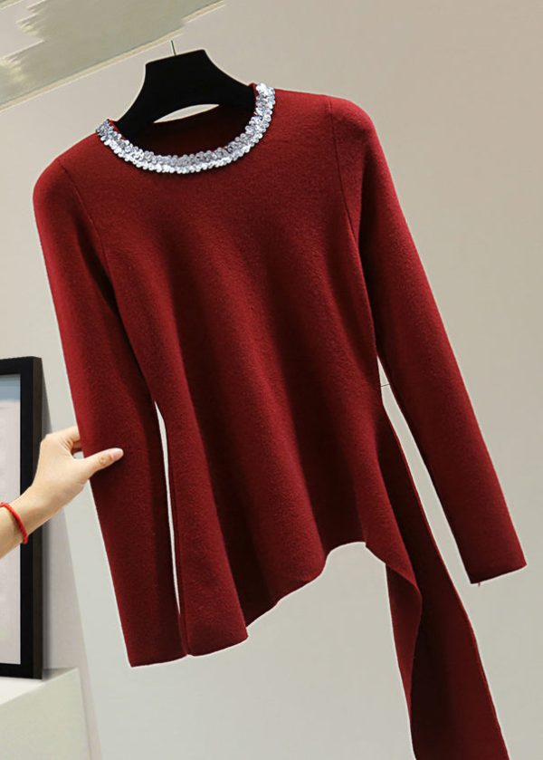Boutique Red Asymmetrical Sequins Patchwork Cotton Knit Sweater Winter Supply