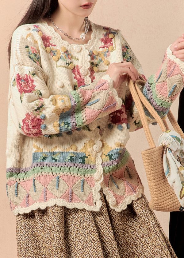 Beautiful Beige Button Patchwork Knit Coats Winter Supply - Image 4