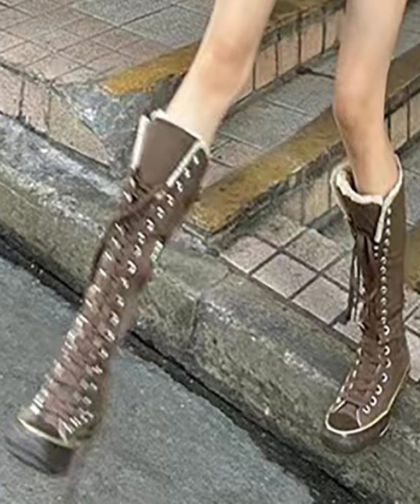 Brown Canvas 2025 Lace Up Splicing Boots Fuzzy Wool Lined Sale - Image 4