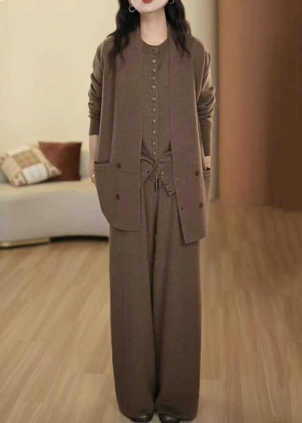 French Coffee Button Pockets Elastic Waist Wool Three Pieces Set Winte For Sale - Image 2