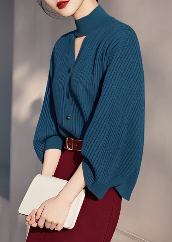 Fine Peacock Blue Turtleneck Hollow Out Cotton Knit Sweater Spring Hot on Sale - Image 3