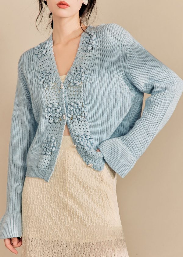 French Blue Button Hollow Out Knit Sweaters Flare Sleeve Online - Image 3