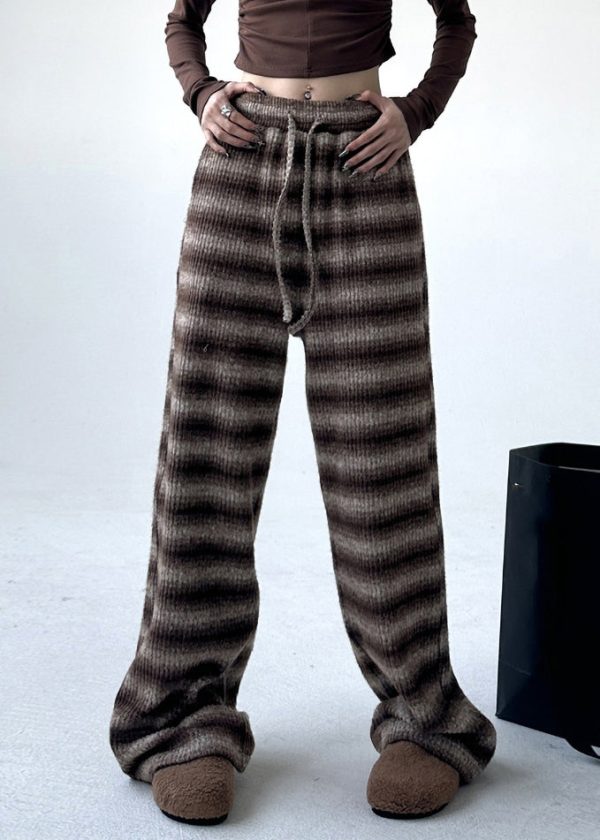 Boutique Black Grey Striped Elastic Waist Pockets Warm Fleece Pants Spring Cheap - Image 2