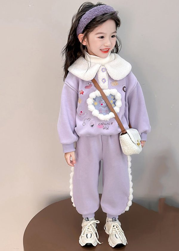 Boutique Purple Peter Pan Collar Print Kids Warm Fleece Sweatshirt And Harem Pants Two Pieces Set Winter Online now - Image 3