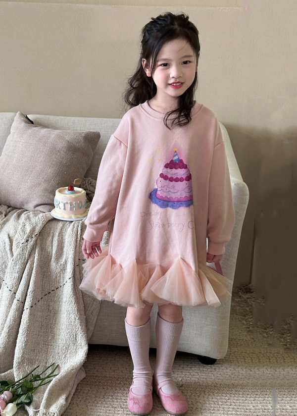 New Pink O-Neck Print Kids Long Dresses Spring Online Hot Sale