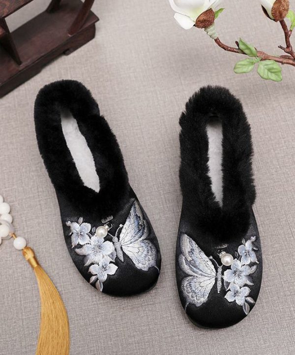 Chinese Style Red Fuzzy Wool Lined Embroidery Flats Shoes Supply - Image 3