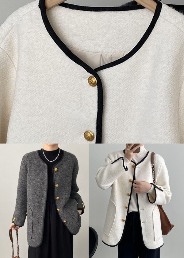 Grey O-Neck Button Woolen Jackets Spring Supply - Image 5