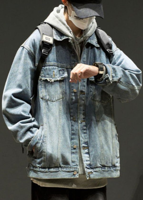 Vintage Denim Blue Peter Pan Collar Button Pockets Mens Coats Spring Online - Image 2