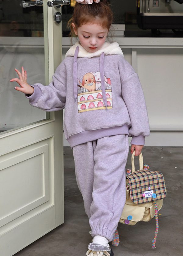 Stylish Purple Patchwork Thick Girls Hooded Sweatshirt And Pants Two Pieces Set Spring Discount - Image 3