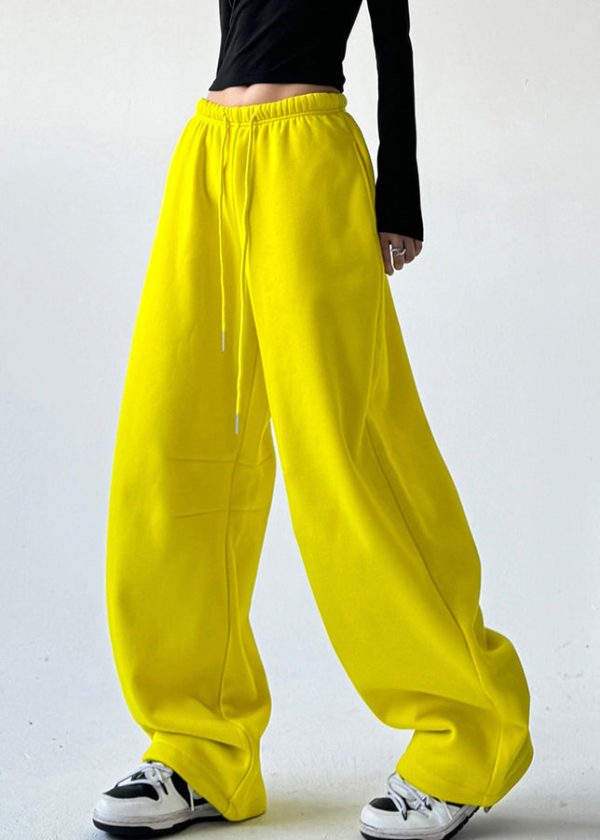 Fashion Yellow Patchwork Elastic Waist Warm Fleece Straight Pants Spring Supply - Image 5
