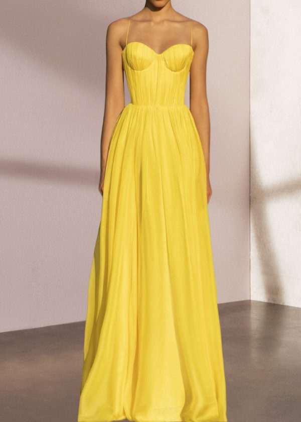 Stylish Yellow Backless Strapless Silk Spaghetti Strap Summer on Sale