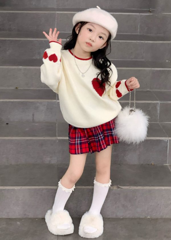 Lovely Red Patchwork Kids Cotton Knit Sweaters And Skirts Two Piece Set Spring Supply - Image 3