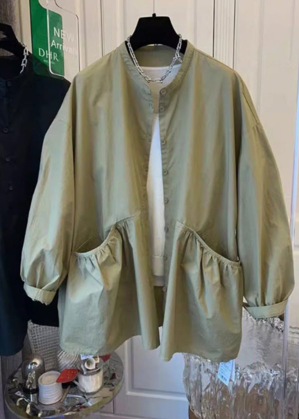 Original Design Green Pockets Button Cotton Coat Spring Online Sale