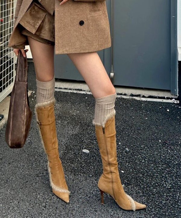 Fine Splicing Stiletto Boots Yellow Suede Fuzzy Wool Lined Pointed Toe For Sale - Image 2