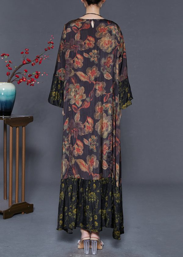 Plus Size Black Oversized Patchwork Print Silk Maxi Dresses Flare Sleeve For Cheap - Image 4