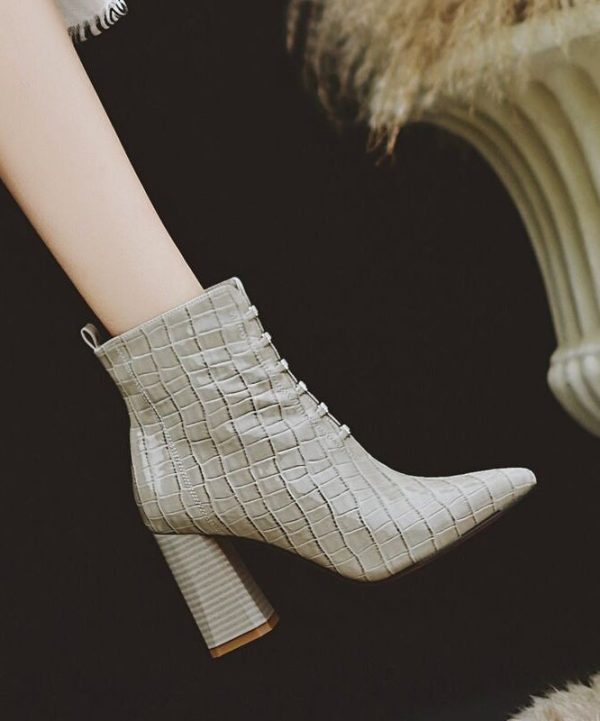 Classy Grey Zippered Splicing Chunky Heel Boots Pointed Toe Cheap - Image 4