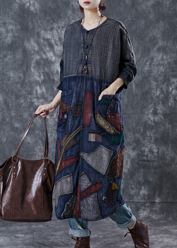 Handmade Navy Patchwork Applique Denim Holiday Dress Spring Fashion - Image 3