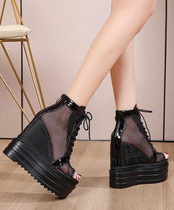 Black Boots Platform Breathable Mesh Boutique Splicing Lace Up For Cheap