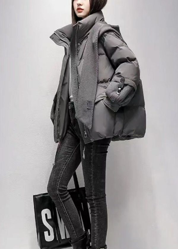 Loose Grey Zip Up Pockets Fine Cotton Filled Witner Jacket For Cheap