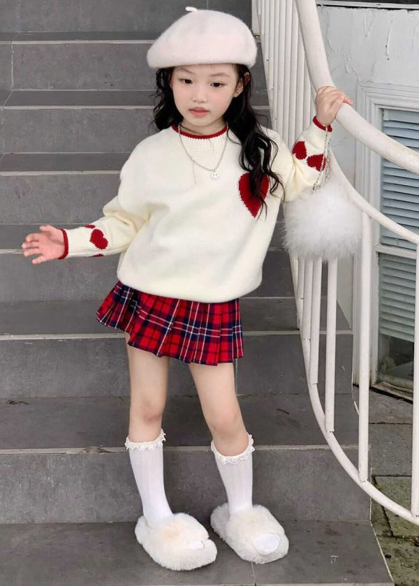 Lovely Red Patchwork Kids Cotton Knit Sweaters And Skirts Two Piece Set Spring Supply - Image 2