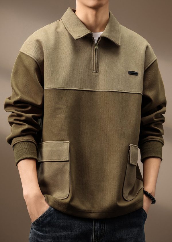 Vintage Olive Green Zip Up Pockets Patchwork Cotton Mens Sweatshirt Spring Hot on Sale - Image 4