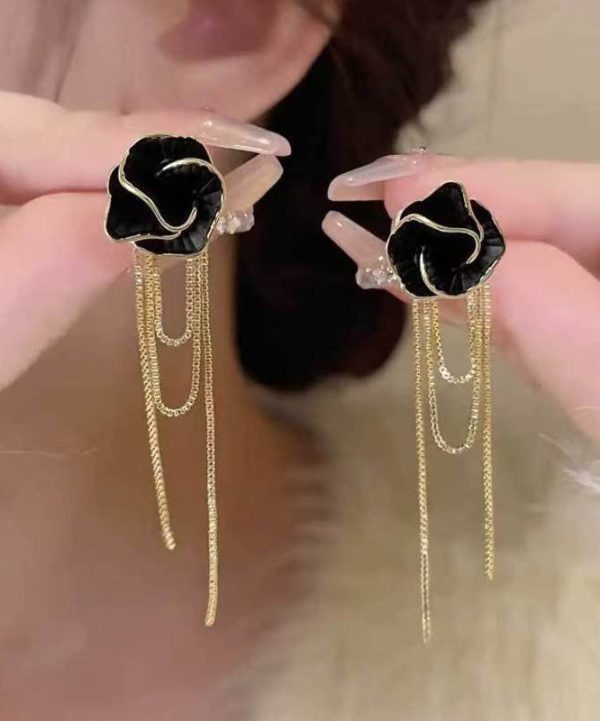 Fashion Black Sterling Silver Overgild Camellia Tassel Drop Earrings For Sale