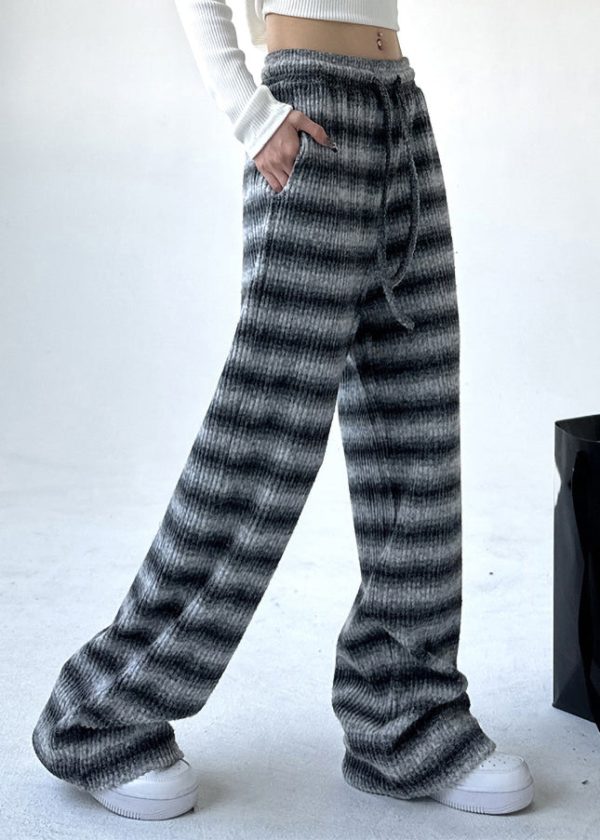 Boutique Black Grey Striped Elastic Waist Pockets Warm Fleece Pants Spring Cheap - Image 5