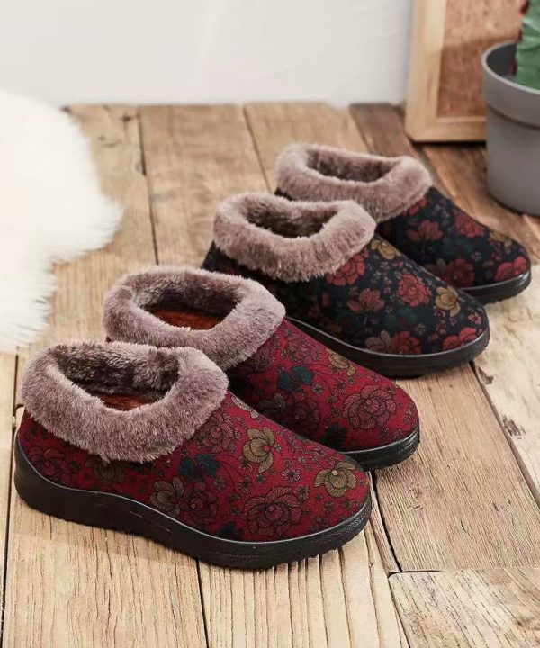 Red Print Cotton Fabric Flat Feet Shoes Splicing Fuzzy Wool Lined Hot on Sale - Image 5