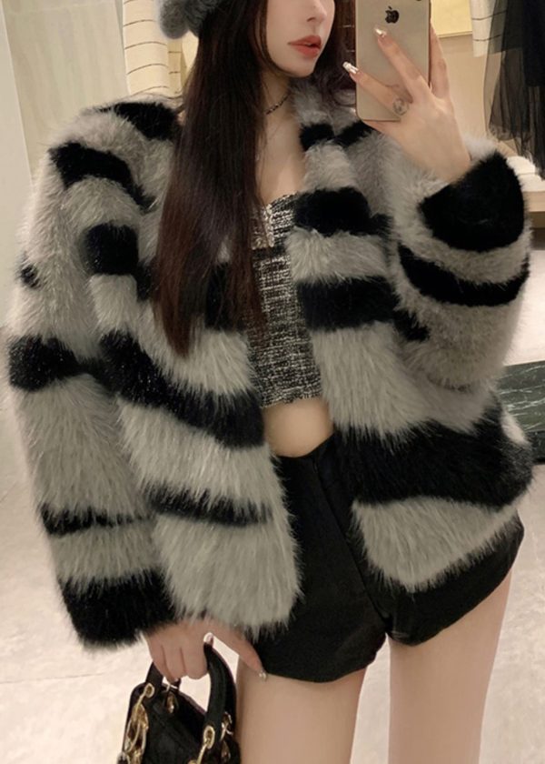 Women Grey V Neck Striped Fuzzy Fur Fluffy Coat Winter For Sale