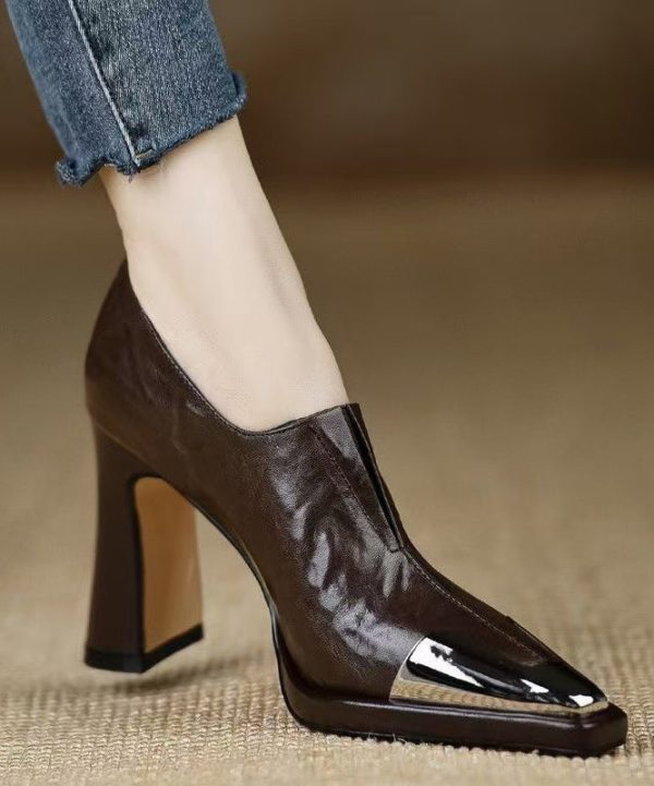 Art Splicing Chunky High Heels Brown Sheepskin Pointed Toe Cheap