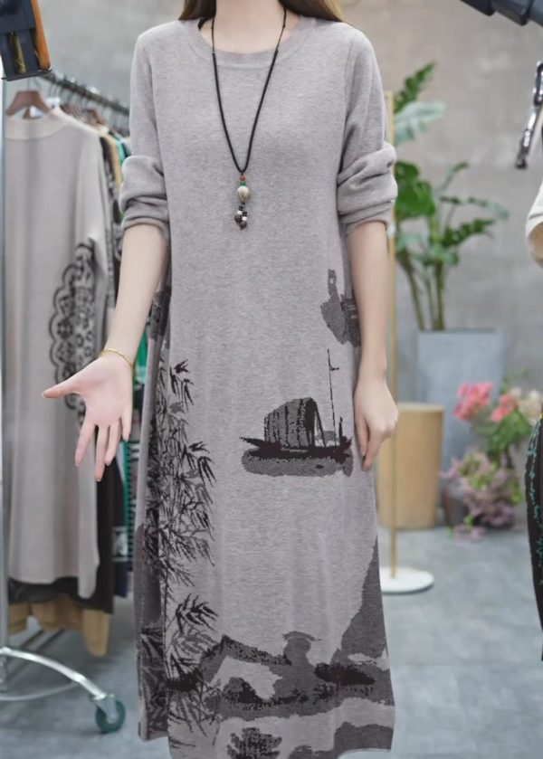 Women Grey O Neck Print Knit Sweater Dress Winter Sale - Image 3