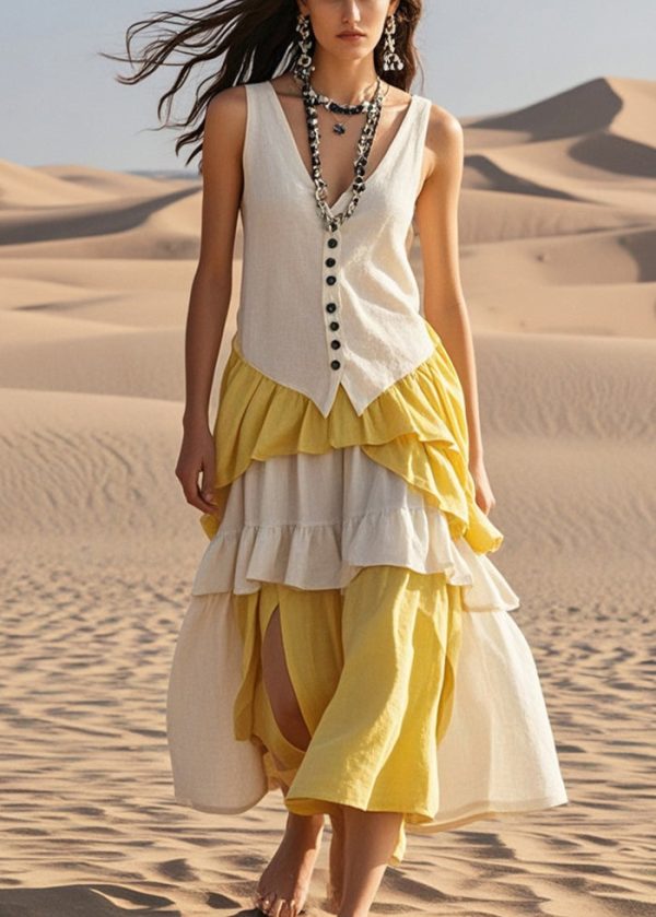 Italian White Ruffled Patchwork Cotton Vacation Dresses Summer Online now