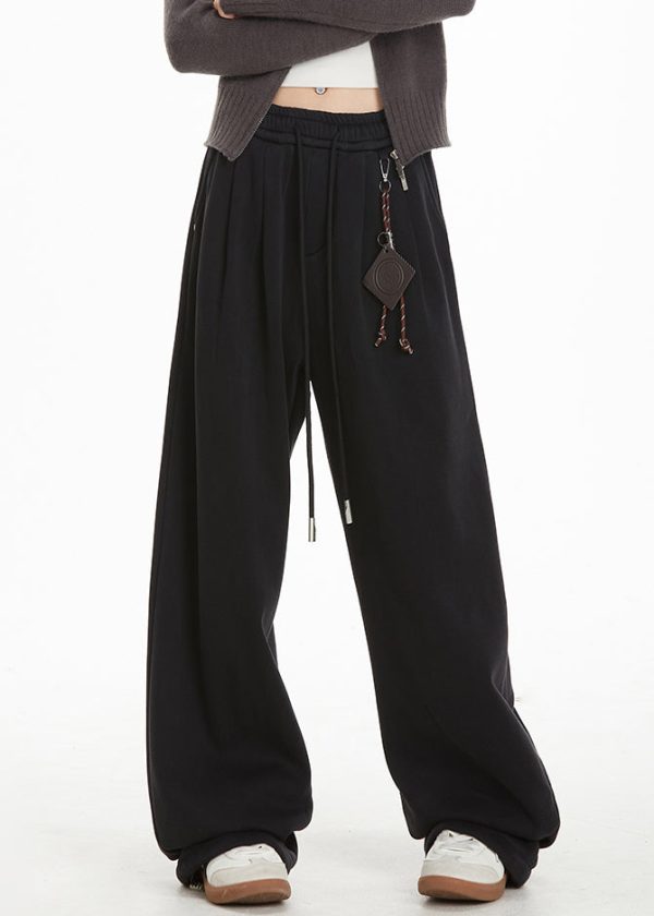 Organic Grey Elastic Waist Patchwork Thick Straight Pants Spring Sale - Image 2