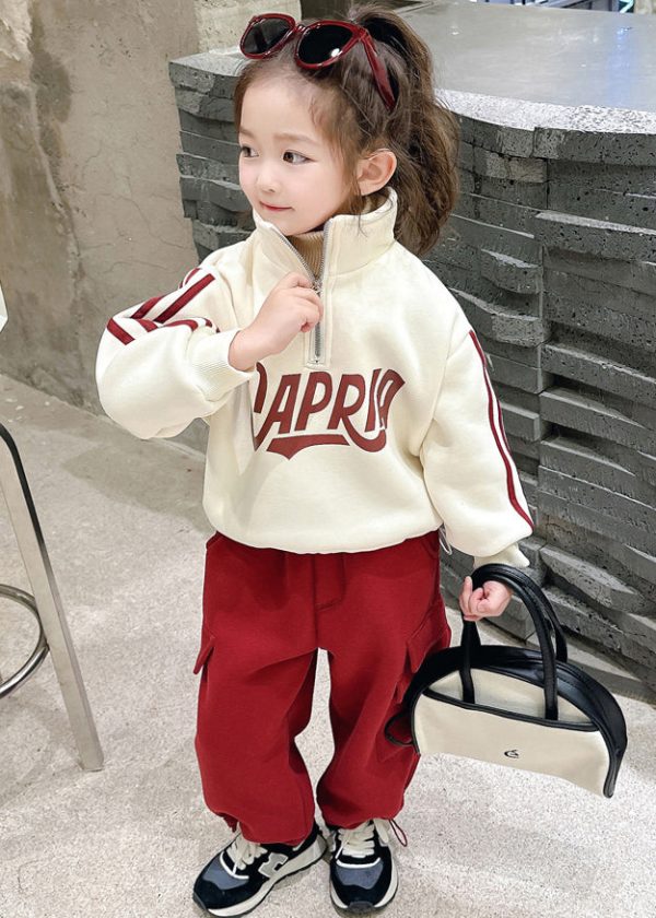 Casual Beige Stand Collar Zippered Warm Fleece Girls Top And Pants Two Piece Set Winter For Cheap - Image 5