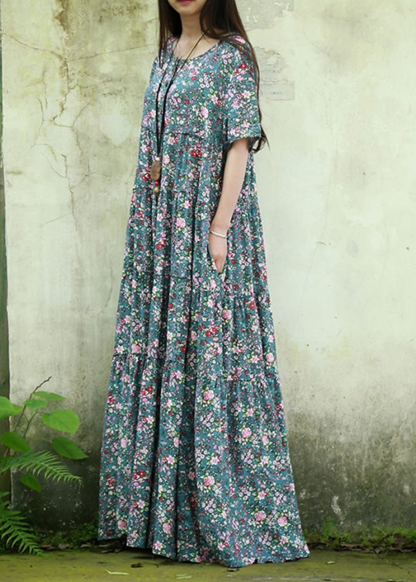 Bohemian Blue O Neck Print Patchwork Cotton Maxi Dress Summer Online - Image 3