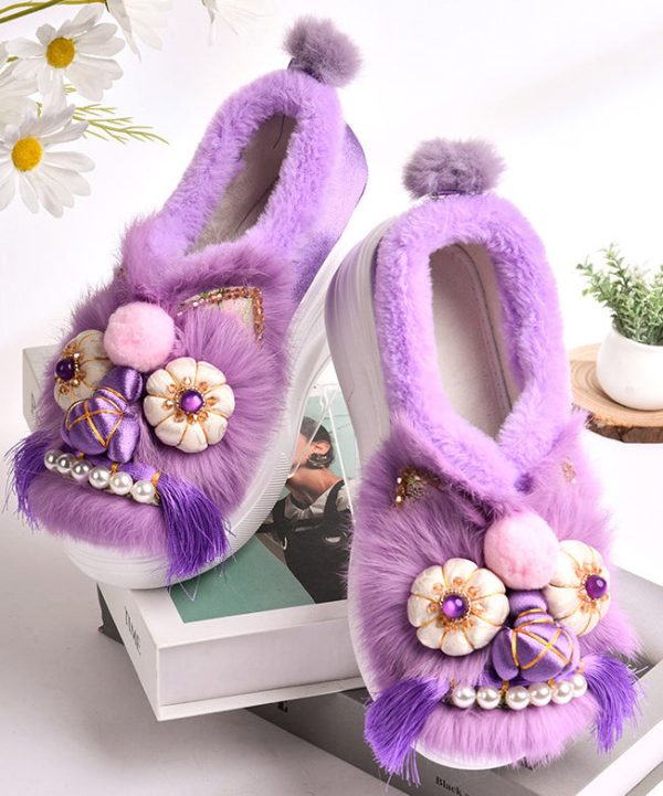 Purple Retro Handmade Fuzzy Wool Lined Splicing Platform Flats Sale