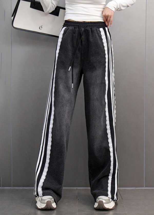 Black Elastic Waist Tie Waist Straight Denim Pants Hot on Sale - Image 2