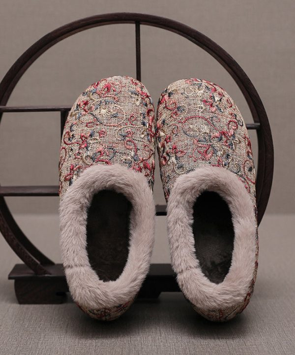 Comfy Beige Embroidery Splicing Flats Fuzzy Wool Lined Online - Image 4