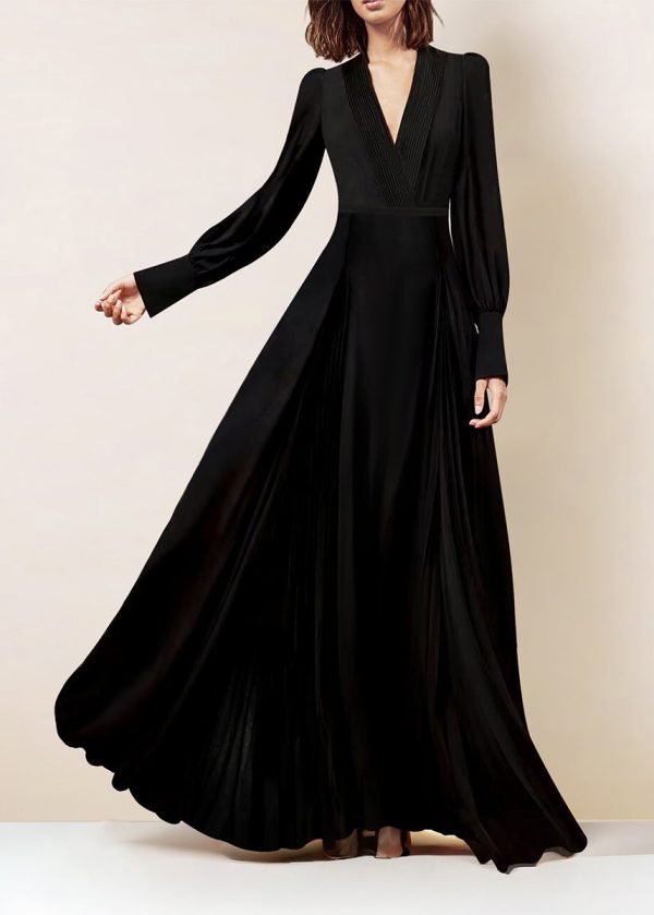 Art Black V Neck Slim Fit Silk Long Dress Spring Hot on Sale