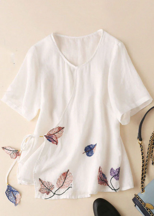 Grace Light Blue V Neck Embroideried Tie Waist Cotton Linen Top Short Sleeve Supply - Image 4