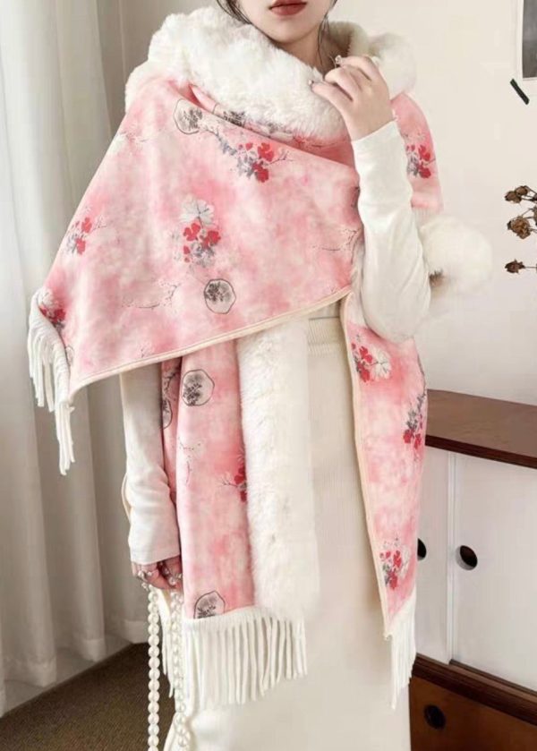 New Pink Hooded Tasseled Patchwork Warm Fleece Coats Half Sleeve Sale - Image 3