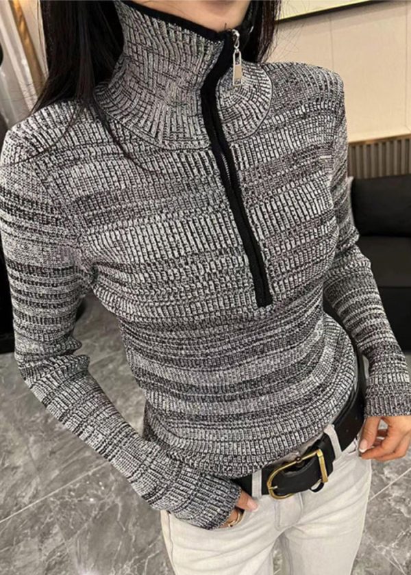 Women Grey Striped Zippered Zippered Cotton Knit Sweater Spring Sale