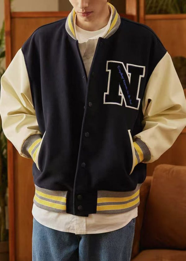 New Navy Striped Patchwork Cotton Mens Jacket Spring Online now - Image 3