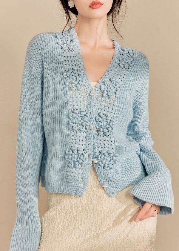 French Blue Button Hollow Out Knit Sweaters Flare Sleeve Online
